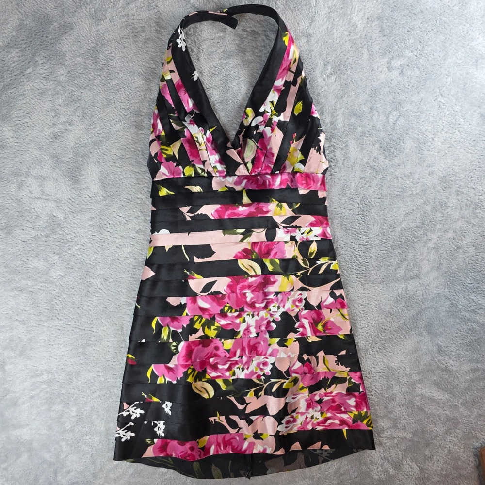 JS Collections Women 8 Black Pink Floral Halter Dress Tiered Satin Cocktail Mini